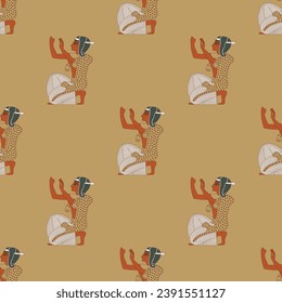 Seamless ethnic pattern with kneeling praying ancient Egyptian men. On yellow background.