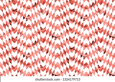 Seamless ethnic pattern with living coral roses on white ikat geometric background