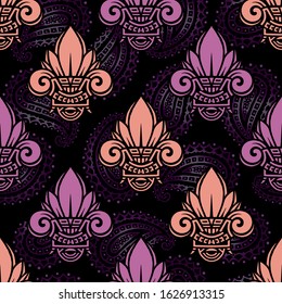 Seamless ethnic pattern with lotus image. Handmade. Vector illustration.