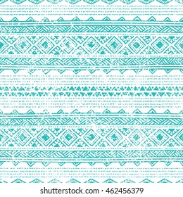 Padrão étnico perfeito. Adoráveis desenhos geométricos pintados à mão. Elementos brancos, azuis, turquesa. Ornamento vintage com motivos tribais. Imprima para a sua textura. Ilustração vetorial.