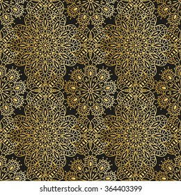 Seamless ethnic pattern with mandala. Arabic floral background. Golden and black colors. Detailed vector illustration. 