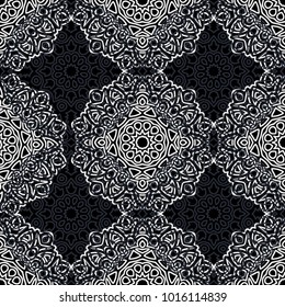 Seamless Ethnic Pattern with Mandalas. Arabesque Rapport for Print, Calico, Chintz, Wallpaper. Damask Motif in Vintage Style. Seamless Texture for Ethnic Design.