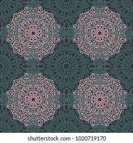Seamless Ethnic Pattern with Mandalas. Arabesque Rapport for Print, Calico, Chintz, Wallpaper. Damask Motif in Vintage Style. Seamless Texture for Ethnic Design.