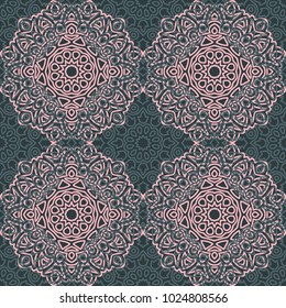 Seamless Ethnic Pattern with Mandalas. Arabesque Rapport for Print, Calico, Chintz, Wallpaper. Damask Motif in Vintage Style. Seamless Texture for Ethnic Design.