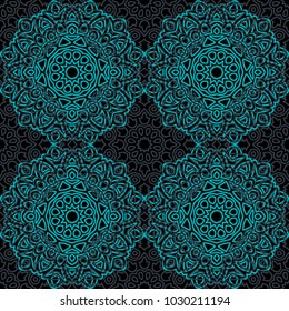 Seamless Ethnic Pattern with Mandalas. Arabesque Rapport for Print, Calico, Chintz, Wallpaper. Damask Motif in Vintage Style. Seamless Texture for Ethnic Design.