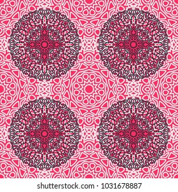 Seamless Ethnic Pattern with Mandalas. Arabesque Rapport for Print, Calico, Chintz, Wallpaper. Damask Motif in Vintage Style. Seamless Texture for Ethnic Design.
