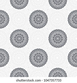 Seamless Ethnic Pattern with Mandalas. Arabesque Rapport for Print, Calico, Chintz, Wallpaper. Damask Motif in Vintage Style. Seamless Texture for Ethnic Design.