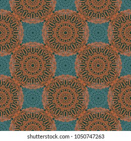 Seamless Ethnic Pattern with Mandalas. Arabesque Rapport for Print, Calico, Chintz, Wallpaper. Damask Motif in Vintage Style. Seamless Texture for Ethnic Design.