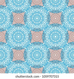 Seamless Ethnic Pattern with Mandalas. Arabesque Rapport for Print, Calico, Chintz, Wallpaper. Damask Motif in Vintage Style. Seamless Texture for Ethnic Design.