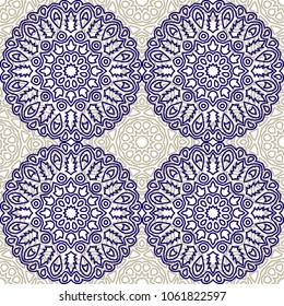 Seamless Ethnic Pattern with Mandalas. Arabesque Rapport for Print, Calico, Chintz, Wallpaper. Damask Motif in Vintage Style. Seamless Texture for Ethnic Design.