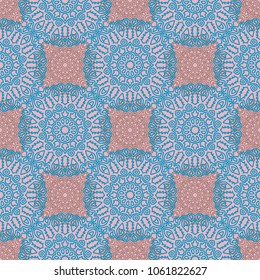 Seamless Ethnic Pattern with Mandalas. Arabesque Rapport for Print, Calico, Chintz, Wallpaper. Damask Motif in Vintage Style. Seamless Texture for Ethnic Design.