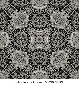 Seamless Ethnic Pattern with Mandalas. Arabesque Rapport for Print, Calico, Chintz, Wallpaper. Damask Motif in Vintage Style. Seamless Texture for Ethnic Design.
