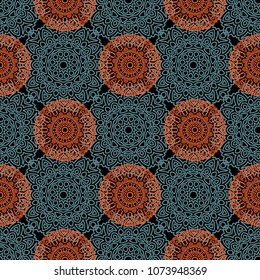 Seamless Ethnic Pattern with Mandalas. Arabesque Rapport for Print, Calico, Chintz, Wallpaper. Damask Motif in Vintage Style. Seamless Texture for Ethnic Design.