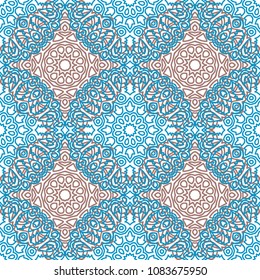Seamless Ethnic Pattern with Mandalas. Arabesque Rapport for Print, Calico, Chintz, Wallpaper. Damask Motif in Vintage Style. Seamless Texture for Ethnic Design.