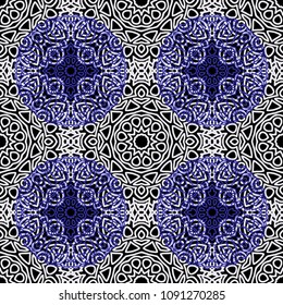 Seamless Ethnic Pattern with Mandalas. Arabesque Rapport for Print, Calico, Chintz, Wallpaper. Damask Motif in Vintage Style. Seamless Texture for Ethnic Design.