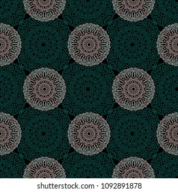 Seamless Ethnic Pattern with Mandalas. Arabesque Rapport for Print, Calico, Chintz, Wallpaper. Damask Motif in Vintage Style. Seamless Texture for Ethnic Design.