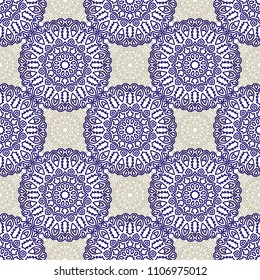 Seamless Ethnic Pattern with Mandalas. Arabesque Rapport for Print, Calico, Chintz, Wallpaper. Damask Motif in Vintage Style. Seamless Texture for Ethnic Design.