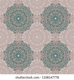 Seamless Ethnic Pattern with Mandalas. Arabesque Rapport for Print, Calico, Chintz, Wallpaper. Damask Motif in Vintage Style. Seamless Texture for Ethnic Design.
