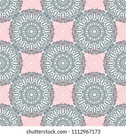 Seamless Ethnic Pattern with Mandalas. Arabesque Rapport for Print, Calico, Chintz, Wallpaper. Damask Motif in Vintage Style. Seamless Texture for Ethnic Design.