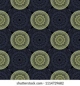 Seamless Ethnic Pattern with Mandalas. Arabesque Rapport for Print, Calico, Chintz, Wallpaper. Damask Motif in Vintage Style. Seamless Texture for Ethnic Design.