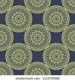 Seamless Ethnic Pattern with Mandalas. Arabesque Rapport for Print, Calico, Chintz, Wallpaper. Damask Motif in Vintage Style. Seamless Texture for Ethnic Design.