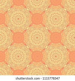 Seamless Ethnic Pattern with Mandalas. Arabesque Rapport for Print, Calico, Chintz, Wallpaper. Damask Motif in Vintage Style. Seamless Texture for Ethnic Design.