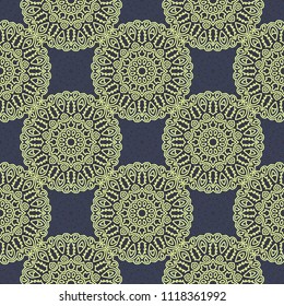 Seamless Ethnic Pattern with Mandalas. Arabesque Rapport for Print, Calico, Chintz, Wallpaper. Damask Motif in Vintage Style. Seamless Texture for Ethnic Design.