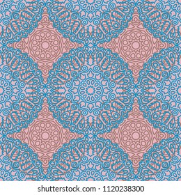 Seamless Ethnic Pattern with Mandalas. Arabesque Rapport for Print, Calico, Chintz, Wallpaper. Damask Motif in Vintage Style. Seamless Texture for Ethnic Design.
