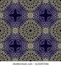 Seamless Ethnic Pattern with Mandalas. Arabesque Rapport for Print, Calico, Chintz, Wallpaper. Damask Motif in Vintage Style. Seamless Texture for Ethnic Design.