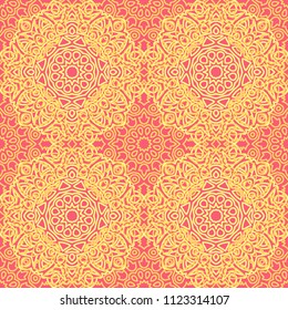 Seamless Ethnic Pattern with Mandalas. Arabesque Rapport for Print, Calico, Chintz, Wallpaper. Damask Motif in Vintage Style. Seamless Texture for Ethnic Design.
