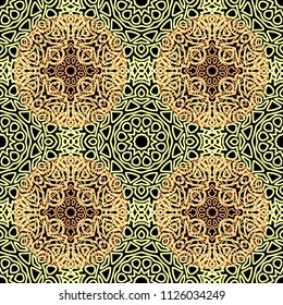 Seamless Ethnic Pattern with Mandalas. Arabesque Rapport for Print, Calico, Chintz, Wallpaper. Damask Motif in Vintage Style. Seamless Texture for Ethnic Design.