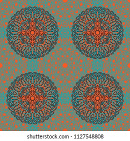 Seamless Ethnic Pattern with Mandalas. Arabesque Rapport for Print, Calico, Chintz, Wallpaper. Damask Motif in Vintage Style. Seamless Texture for Ethnic Design.