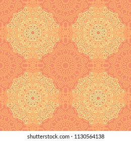Seamless Ethnic Pattern with Mandalas. Arabesque Rapport for Print, Calico, Chintz, Wallpaper. Damask Motif in Vintage Style. Seamless Texture for Ethnic Design.
