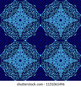 Seamless Ethnic Pattern with Mandalas. Arabesque Rapport for Print, Calico, Chintz, Wallpaper. Damask Motif in Vintage Style. Seamless Texture for Ethnic Design.