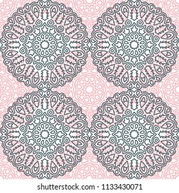 Seamless Ethnic Pattern with Mandalas. Arabesque Rapport for Print, Calico, Chintz, Wallpaper. Damask Motif in Vintage Style. Seamless Texture for Ethnic Design.