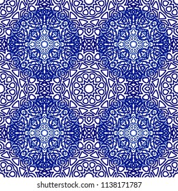 Seamless Ethnic Pattern with Mandalas. Arabesque Rapport for Print, Calico, Chintz, Wallpaper. Damask Motif in Vintage Style. Seamless Texture for Ethnic Design.
