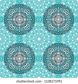 Seamless Ethnic Pattern with Mandalas. Arabesque Rapport for Print, Calico, Chintz, Wallpaper. Damask Motif in Vintage Style. Seamless Texture for Ethnic Design.