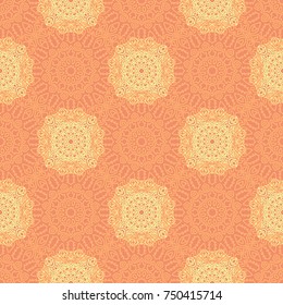 Seamless Ethnic Pattern with Mandalas. Arabesque Rapport for Print, Calico, Chintz, Wallpaper. Damask Motif in Vintage Style. Seamless Texture for Ethnic Design.