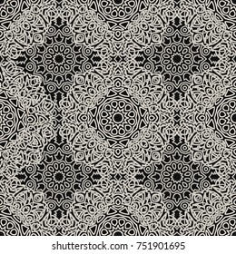 Seamless Ethnic Pattern with Mandalas. Arabesque Rapport for Print, Calico, Chintz, Wallpaper. Damask Motif in Vintage Style. Seamless Texture for Ethnic Design.