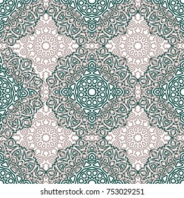 Seamless Ethnic Pattern with Mandalas. Arabesque Rapport for Print, Calico, Chintz, Wallpaper. Damask Motif in Vintage Style. Seamless Texture for Ethnic Design.