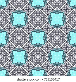 Seamless Ethnic Pattern with Mandalas. Arabesque Rapport for Print, Calico, Chintz, Wallpaper. Damask Motif in Vintage Style. Seamless Texture for Ethnic Design.
