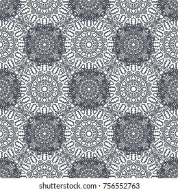 Seamless Ethnic Pattern with Mandalas. Arabesque Rapport for Print, Calico, Chintz, Wallpaper. Damask Motif in Vintage Style. Seamless Texture for Ethnic Design.