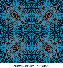 Seamless Ethnic Pattern with Mandalas. Arabesque Rapport for Print, Calico, Chintz, Wallpaper. Damask Motif in Vintage Style. Seamless Texture for Ethnic Design.