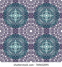 Seamless Ethnic Pattern with Mandalas. Arabesque Rapport for Print, Calico, Chintz, Wallpaper. Damask Motif in Vintage Style. Seamless Texture for Ethnic Design.