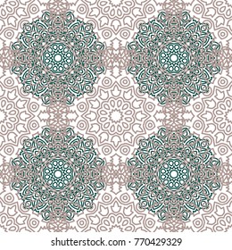 Seamless Ethnic Pattern with Mandalas. Arabesque Rapport for Print, Calico, Chintz, Wallpaper. Damask Motif in Vintage Style. Seamless Texture for Ethnic Design.