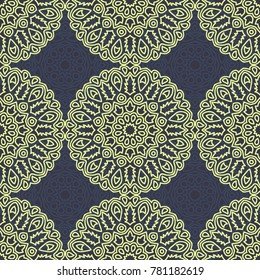 Seamless Ethnic Pattern with Mandalas. Arabesque Rapport for Print, Calico, Chintz, Wallpaper. Damask Motif in Vintage Style. Seamless Texture for Ethnic Design.