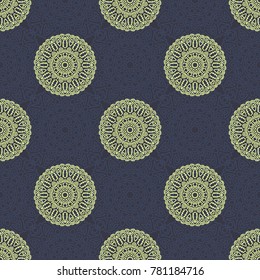 Seamless Ethnic Pattern with Mandalas. Arabesque Rapport for Print, Calico, Chintz, Wallpaper. Damask Motif in Vintage Style. Seamless Texture for Ethnic Design.