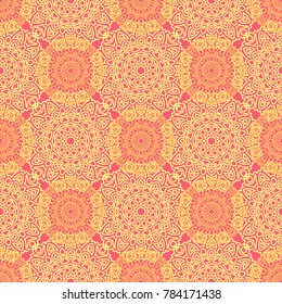 Seamless Ethnic Pattern with Mandalas. Arabesque Rapport for Print, Calico, Chintz, Wallpaper. Damask Motif in Vintage Style. Seamless Texture for Ethnic Design.