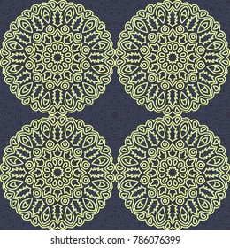Seamless Ethnic Pattern with Mandalas. Arabesque Rapport for Print, Calico, Chintz, Wallpaper. Damask Motif in Vintage Style. Seamless Texture for Ethnic Design.