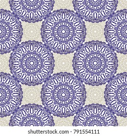 Seamless Ethnic Pattern with Mandalas. Arabesque Rapport for Print, Calico, Chintz, Wallpaper. Damask Motif in Vintage Style. Seamless Texture for Ethnic Design.
